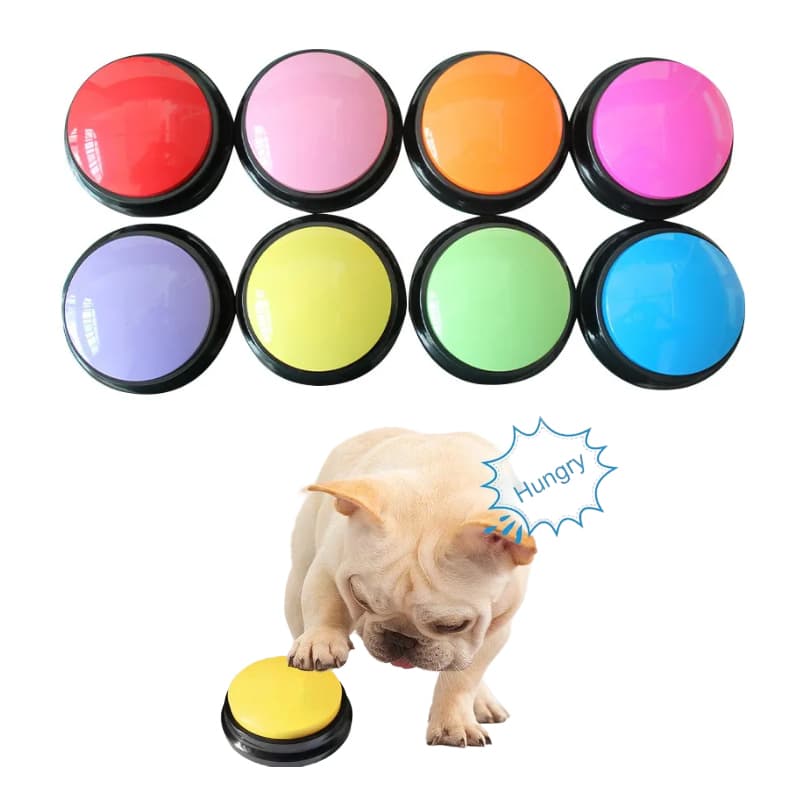 Eight recordable button colors, and a dog pressing one labeled Hungry